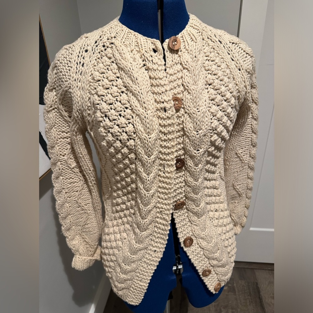 Vintage Wool Cable Knit bobble Fisherman Cardigan Sweater Made in Italy